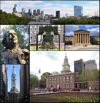 Dari kiri atas, panorama Philadelphia, patung Benjamin Franklin, Liberty Bell, Museum Seni Philadelphia, Balaikota Philadelphia, dan Independence Hall