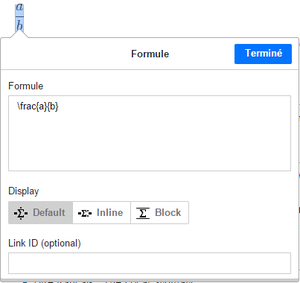 Capture d'écran de la fenêtre d'insertion des formules mathématiques.