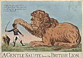 Caricatura de uma "Saudação Gentil" do Leão Britânico, tirando o chapéu de Napoleão (circa 1803)