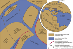 Tisia mintegy 150 millió éve. Jobb oldalon az Adria-tüske által elválasztott Neotethys és Pennini-tenger, bal oldalon a Pennini-tenger keleti öble.