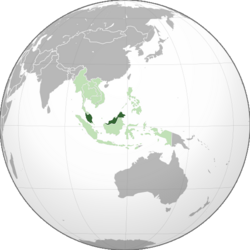 Location o Malaysie (dark green) in ASEAN (licht green) an Asie.
