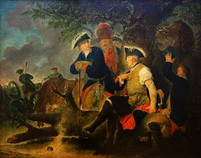 Bernhard Rode: Olejomalba Fridrich II. a polní lékař. Pruský král si při tažení v roce 1778 nechává pouštět žilou.