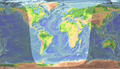 Weltkarte, etwa 2. April 13:00 UTC (Computergrafik): Tag-Nacht-Grenze