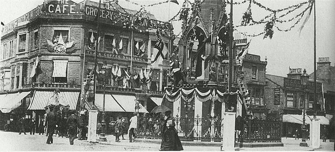 The monument garlanded for Victoria's diamond jubilee, 1897