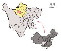Barkam City (red) in Ngawa Prefecture (yellow) and Sichuan