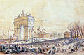 Retour des cendres de Napoléon Ier de Sainte-Hélène. 15 décembre 1840: le char funèbre de Napoléon basse sous l'arc de triomphe de l'Etoile à Paris (Ecole française du XIXe siècle)
