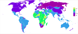 Прираст на населението в света през 2011 г., по страни (в проценти). Данни на CIA World Factbook.