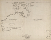 Map depicts the western and northern coast of Australia (labelled "Nova Hollandia")، Tasmania ("Van Diemen's Land") and part of New Zealand's North Island (labelled "Nova Zeelandia")۔