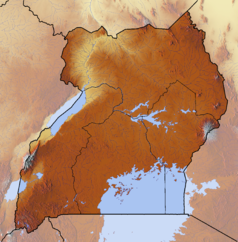 Mapa konturowa Ugandy, na dole po lewej znajduje się punkt z opisem „Park Narodowy Królowej Elżbiety”