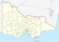 Mapa konturowa Wiktorii, na dole znajduje się punkt z opisem „Bazylika archikatedralna św. Patrykaw Melbourne”
