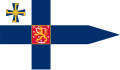 フィンランドの大統領旗。 旗の左上部の青い十字（マンネルハイム十字章）の上に、黄色でハカリスティが描かれている。