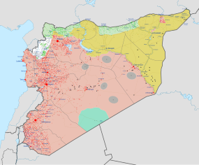 Současná vojenská situace v Sýrii (průběžně aktualizováno).      Syrská arabská republika      Syrská opozice & turecká okupace      SAA a SDF      Rojava      Tahrír al-Šám[a]Je zde použita šablona {{Ref label}} označená jako k „pouze dočasnému použití“.      ISIL      Usmíření