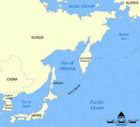 Vị trí của quần đảo Kuril ở Tây Thái Bình Dương giữa Nhật Bản và bán đảo Kamchatka của Nga