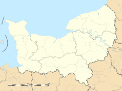 Mapa konturowa Normandii, w centrum znajduje się punkt z opisem „Mézidon-Canon”