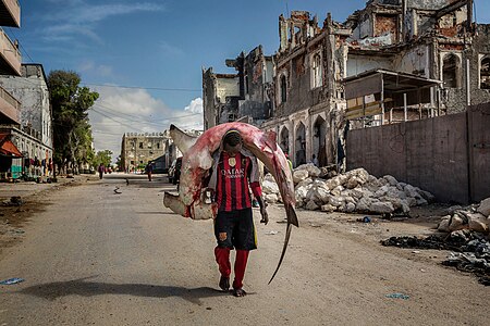 Мушкарац носи огромну ајкулу улицама Могадиша
