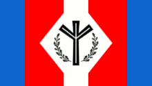 Algiz-Rune mit Eichenlaub auf neuerer Flagge der National Alliance, die 1967 in den USA gegründet wurde