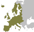 Reforma e Contrarreforma en Europa. OP territorios protestantes, en azul (coas perdas debidas á Contrarreforma); a Europa católica, en verde oliva.