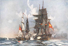 Peinture d'une bataille navale entre un petit navire et un grand navire, ce dernier étant couvert d'hommes grimpant sur son bastingage.