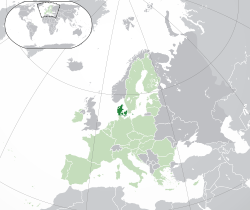 Vị trí Đan Mạch lục địa (xanh đậm) tại Liên minh châu Âu (xanh)