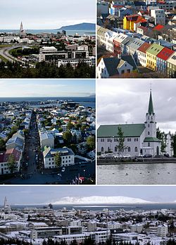 Dari kiri atas: pemandangan kota tua dan Hallgrímskirkja dari Perlan, pemandangan puncak atap di Hallgrímskirkja, Reykjavík dari Hallgrímskirkja, Fríkirkjan, panorama dari Perlan