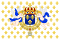 Bandeira branca semeada de lírios dourados com as armas da França apoiados por dois anjos.