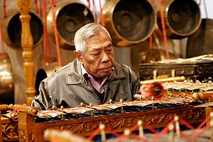 A gamelan, a traditional Indonesian instrument.