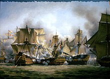 Tableau d'un combat entre plusieurs navires à la bataille de Trafalgar.