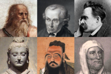 چپ به راست: افلاطون، کانت، نیچه، بودا، کنفوسیوس، ابن رشد