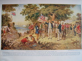 Captain Cook zieht am 22. August 1770 die Flagge des Vereinigten Königreiches auf Possession Island auf