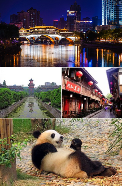 Pusingan jam dari atas: Jambatan Anshun, Jinli, Pangkalan Panda Chengdu, dan Universiti Sichuan.