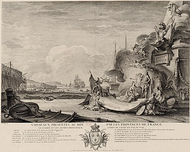 Gravure allégorique de 1762 présentant à Louis XV le don des vaisseaux afin de réparer les pertes de la guerre de Sept Ans