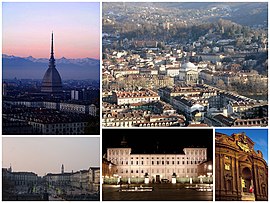 A collage of Turin: in the top left is the Mole Antonelliana, followed by a view of the city under the snow, the Piazza Vittorio Veneto, the Royal Palace of Turin and the Museo del Risorgimento (Palazzo Carignano)