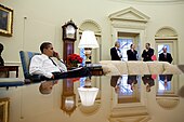 President Barack Obama calls foreign leaders in the Oval Office of the White House.