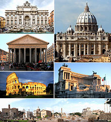 羅馬名勝，右上順時針起依序為：聖伯多祿大殿[註 1]、维托里亚诺、古羅馬廣場全景、羅馬競技場、万神庙、特萊維噴泉
