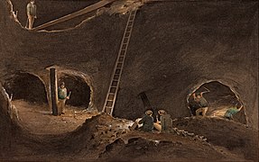 یک نقاشی از یک اتاقک یک معدن استخراج انباره ای در سال ۱۸۴۷