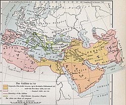 Map of Europe, North Africa an the Middle East, showing the Arab Caliphate at its greatest extent