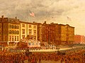 Presentation of Colors, 1864 depicts the outfitting of two African-American Civil War regiments at the Union League Club of New York.