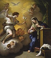 Anunsiasi oleh Paolo de Matteis, 1712, Saint Louis Art Museum, Saint Louis. Lily putih di tangan malaikat adalah simbol dari kemurnian Maria[n 2] dalam seni-seni Maria Katolik Roma.[17]