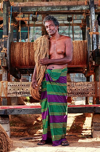 Trabalhador do Sri Lanka com sua corda de fibras de coco, feita tradicionalmente com ferramentas antigas. A fibra de coco é o material fibroso encontrado entre a casca interna dura e a camada externa de um coco. Outros usos da fibra de coco marrom (feita de coco maduro) são em estofamento de estofados, sacaria e horticultura. A fibra de coco branca, colhida de cocos verdes, é usada para fazer escovas mais finas, cordas e redes de pesca. Ela tem a vantagem de não afundar e, portanto, pode ser usada em grandes extensões em águas profundas sem que o peso adicional arraste barcos e boias. (definição 2 396 × 2 396)