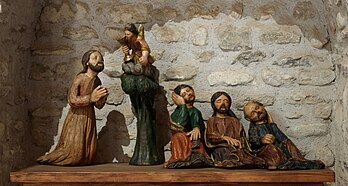 Jesus e os discípulos adormecidos no Monte das Oliveiras (século XV) na igreja principal da Abadia de São Miguel de Cuixá, Codalet, departamento dos Pireneus Orientais, França. (definição 5 892 × 3 143)