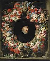 Sculptural Cartouche with Garland, possibly a self-portrait 1660-1690. oil on canvas medium QS:P186,Q296955;P186,Q12321255,P518,Q861259 . 152 × 125.1 cm (59.8 × 49.2 in). Private collection institution QS:P195,Q768717