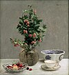 『サンザシの花瓶、サクランボの鉢、日本のお椀、カップと皿のある静物画』
