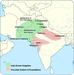 Các chiến dịch của người Ấn-Hy Lạp   Lãnh thổ vương quốc Ấn-Hy   Phạm vi có thể của cuộc viễn chinh  • Thủ phủ