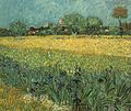 View of Arles with Irises. May 1888. oil on canvas medium QS:P186,Q296955;P186,Q12321255,P518,Q861259 , 54 × 65 cm (21.2 × 25.5 in). Van Gogh Museum.