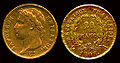 Gold 20 Franc Coin of Napoleon I, struck 1808. Known as Napoleon Gold, the French began to simply call these coins, "Napoleons." Left image, obverse: (French) NAPOLEON EMPEREUR (English, "NAPOLEON EMPEROR"). Right image, reverse: (French) REPUBLIQUE FRANÇAISE, 1808, 20 FRANCS (English, "FRENCH REPUBLIC, 1808, 20 FRANCS)