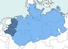 Karta över det lågtyska området, med nederländsk lågsaxiska i mörkare blått.