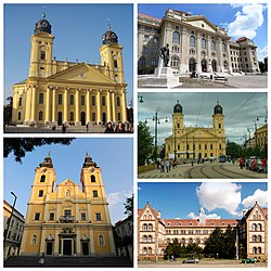 Fentről lefelé, balról jobbra: a Református Nagytemplom, a Debreceni Egyetem, a Piac utca és a Szent Anna-székesegyház