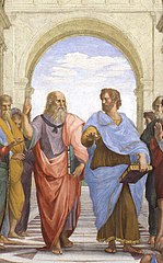 Platon ja Aristoteles, yksityiskohta freskosta Ateenan koulu, 1509–1510.