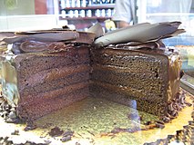 Chocolate layer cake with chocolate frosting and shaved chocolate topping