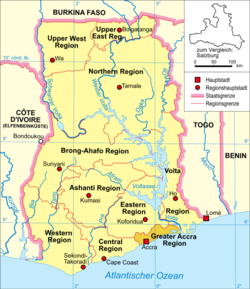 Map of Ghana showing the location of Accra.